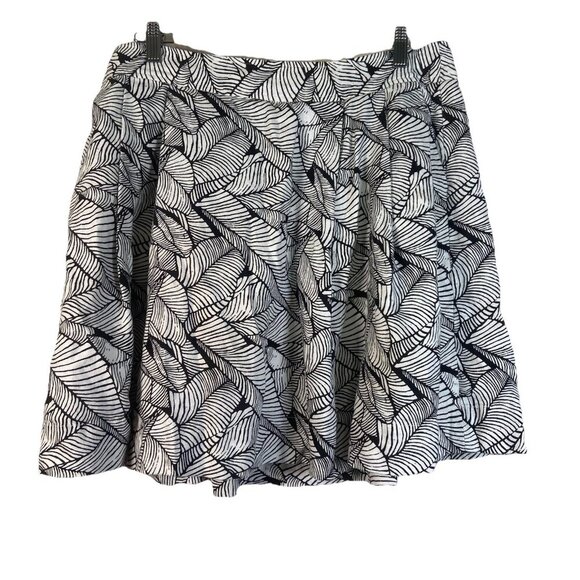 Loft 100% Linen Circle Skirt Black White Leaf Print Pleated Pockets Size 12 - Picture 1 of 10
